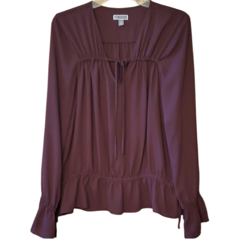 Chelsea28 Plum‎ Purple Boho Ruffled Tie Semi Sheer Blouse Size Large